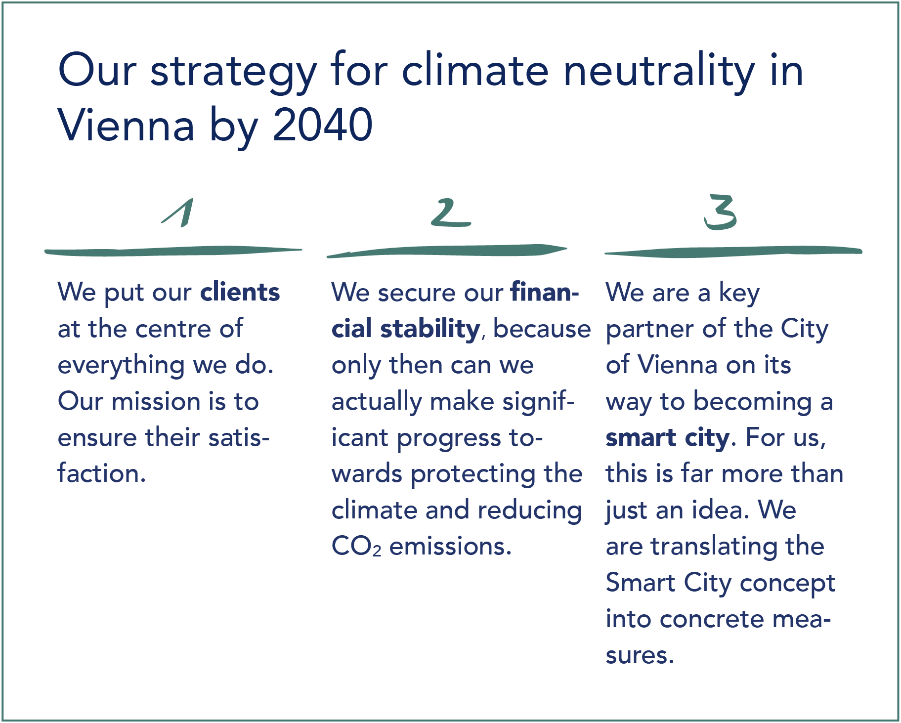 The corporate strategy of the Wiener Stadtwerke Group aims for a climate-neutral Vienna by 2040 and is strongly oriented towards the Smart City Strategy of the City of Vienna. Central components are the focus on customer satisfaction, securing the financial basis and the implementation of the Smart City Strategy through concrete measures.