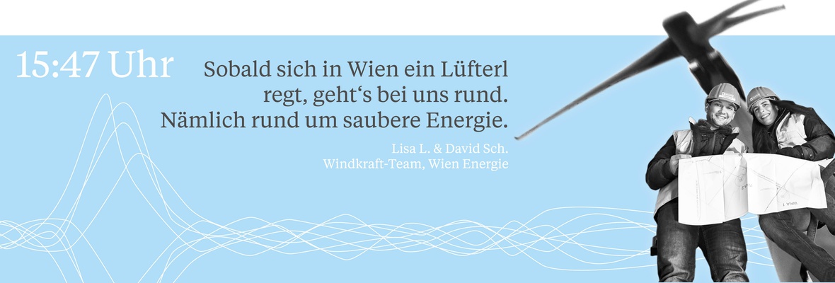 Mitarbeiterinnen der Wien Energie vor Windrad - Wiener Stadtwerke / CIDCOM / Knoth